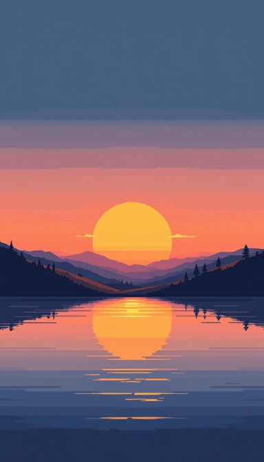 A serene pixel art sunset casts orange light across still waters ...
