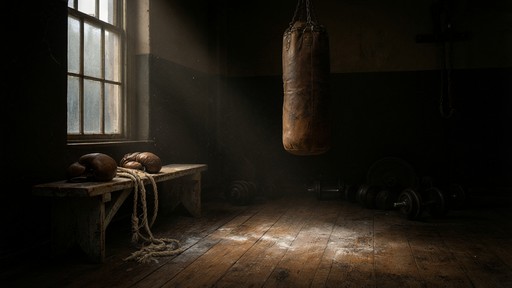 This cinematic digital illustration shows an old boxing gym just before ...