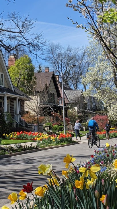 Free Springtime Neighborhood Stroll Image - Spring, Tulips ...