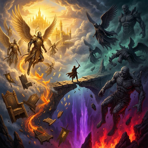 Bridge Abyss Golden winged knights rise toward a glowing sky castle while dark ...
