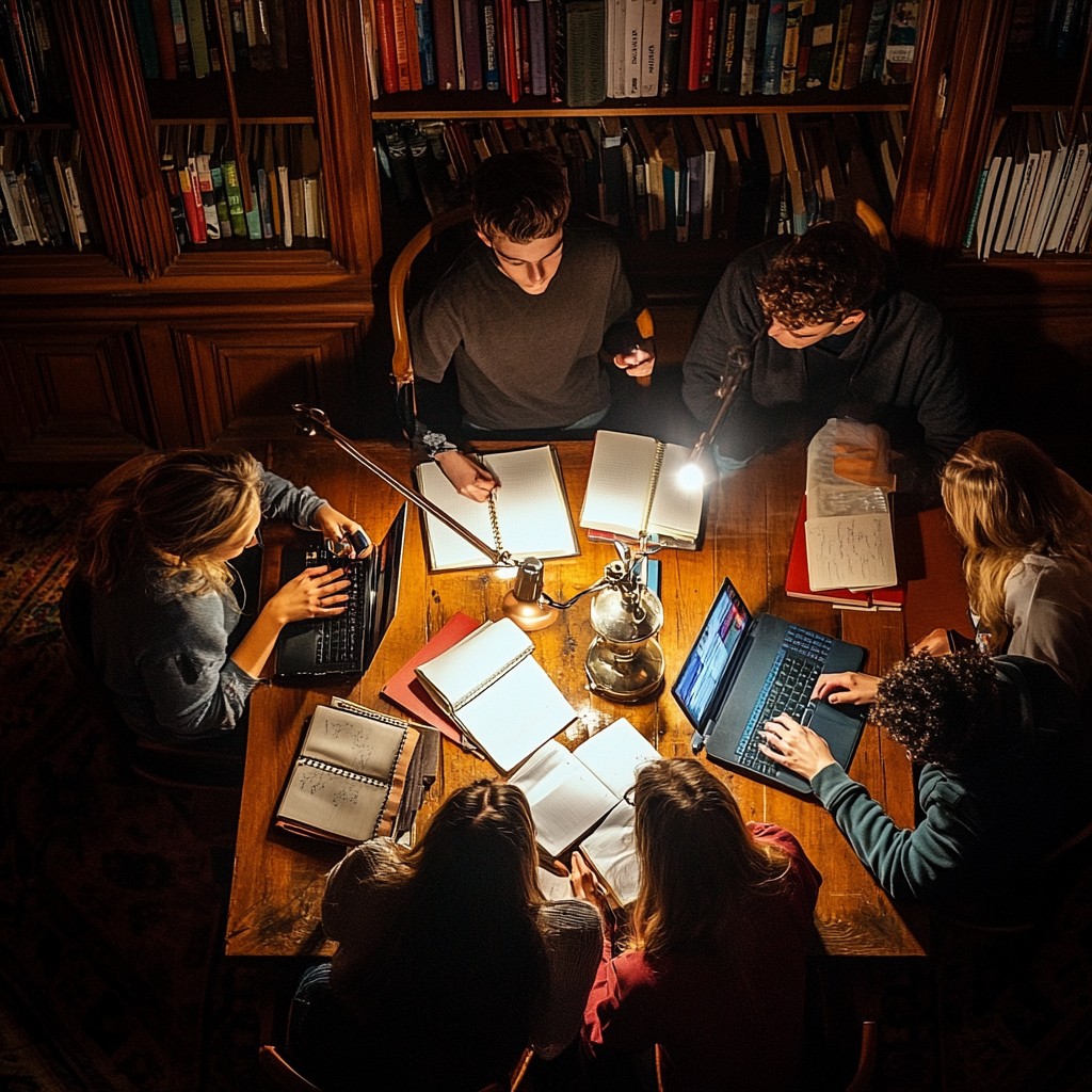 Study Crew Free Midnight Study Group Image - Students, Studying, Library ...