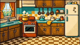 Cozy 8-bit pixel art illustration of a retro kitchen with a steaming ...
