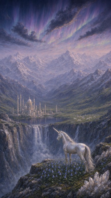 This fantasy illustration shows a silver-white unicorn standing on a ...