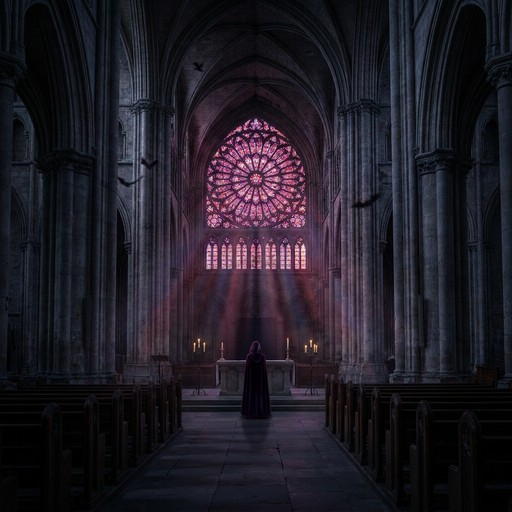 This dark digital illustration shows the inside of a giant gothic ...