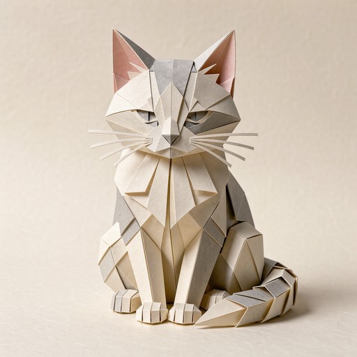 Foled Paper A cream and ivory origami cat sits upright, built from crisp folded ...