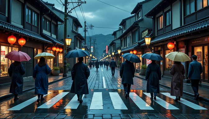 Free Japanese Rain Scene Image - Ukiyoe, Woodblock, Illustration ...