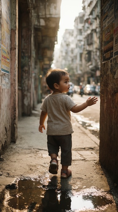 Colored Swirled Sphere Young child explores narrow city street at golden hour, tiny hand ...