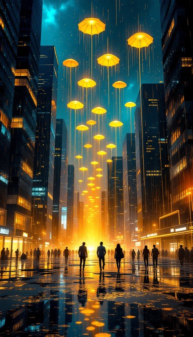 Dripping Realm Free Luminous Urban Dreams Image - Surreal, Cityscape, Umbrellas ...