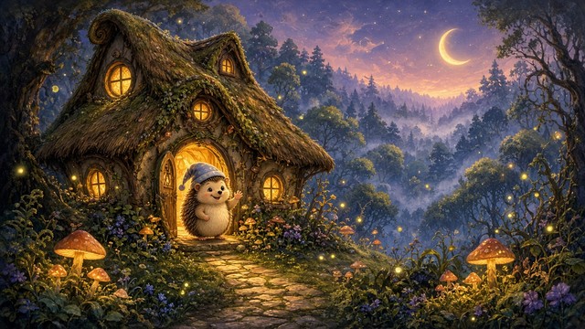 A friendly hedgehog in a blue nightcap waves from the glowing doorway ...
