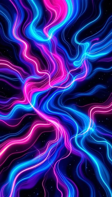 Vibrant neon waves dance across darkness, creating mesmerizing patterns ...