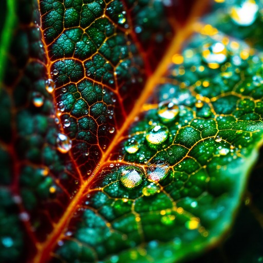 Extreme close-up reveals emerald green leaf surfaces with sparkling dew ...