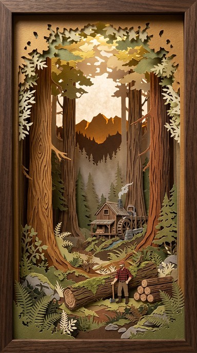 Handcrafted paper diorama showcasing an old-growth forest with towering ...