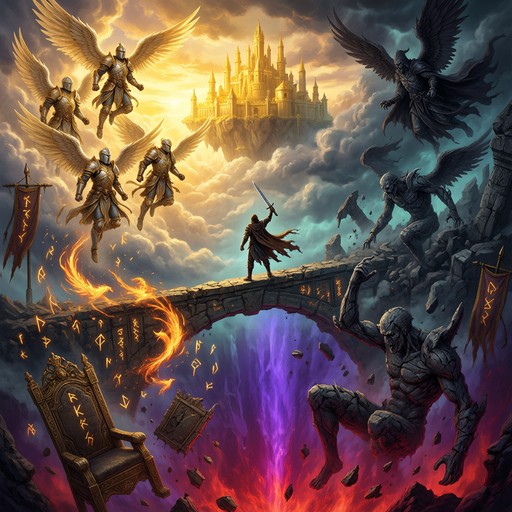 Bridge Abyss Fantasy illustration of a lone hero with a raised sword on a broken sky ...