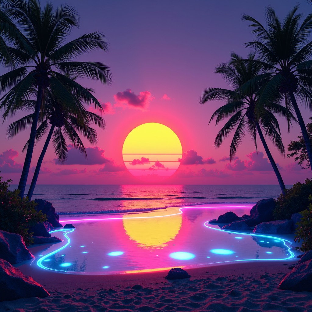 Sunset Image Neon Free Neon Tropical Sunset Image - Sunset, Beach, Cyberpunk | Download ...