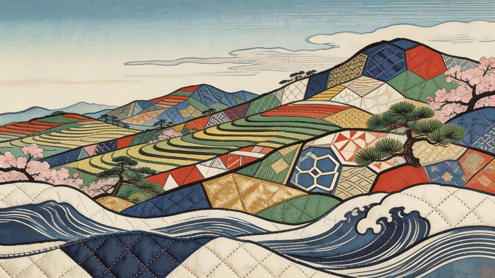 Angular Patchwork Free Quilted Japanese Landscape Image - Ukiyo-e, Woodblock, Japanese ...