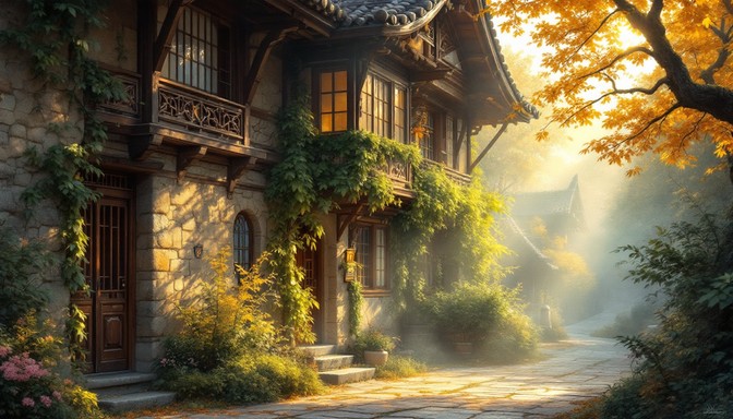 Free Misty Morning Manor Image - Manor, Cottage, Sunrise | Download at ...