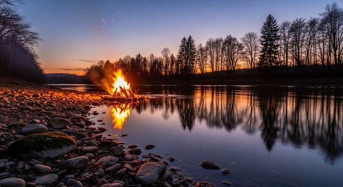 Rocky Riverside Free Riverside Fire Glow Image - Campfire, Reflection, Twilight ...