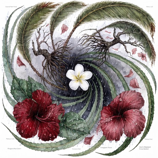 A dramatic botanical illustration showcasing tropical storm-resilient ...