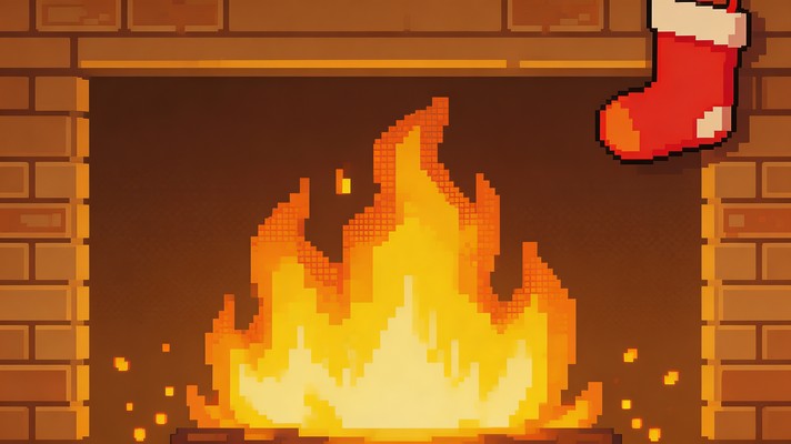 Warm pixel art fireplace glows with dancing orange and yellow flames ...