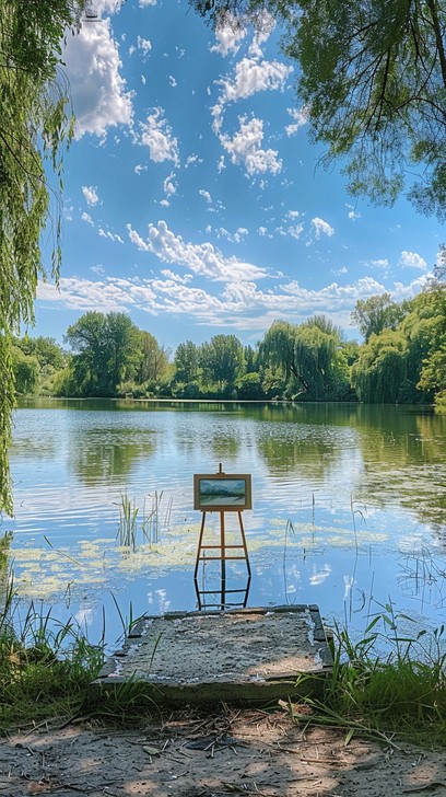Free Tranquil Lake View Image - Lake, Chair, Trees | Download at StockCake