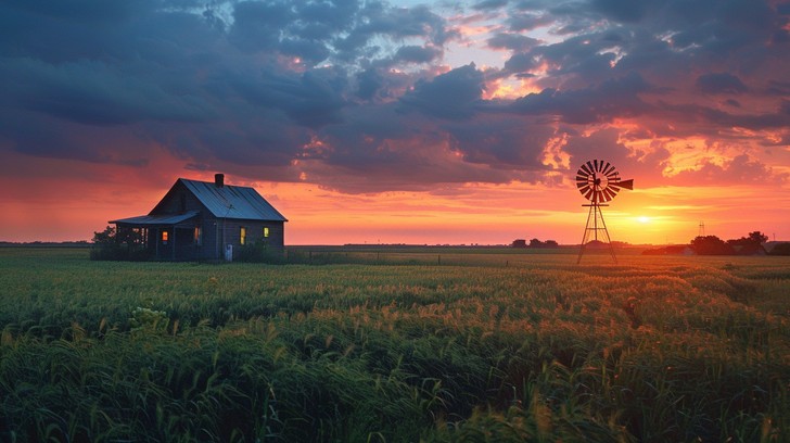Free Rustic Sunset Serenity Image - Sunset, Farmhouse, Windmill ...
