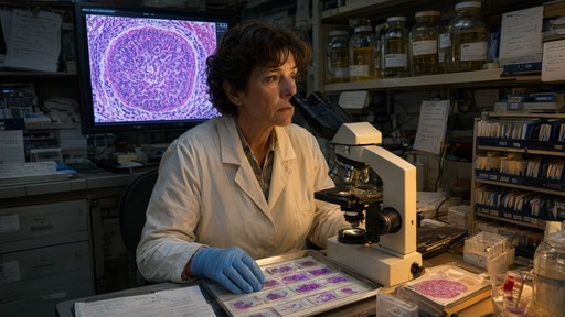 A woman scientist with dark curly hair sits at a microscope in a dim ...