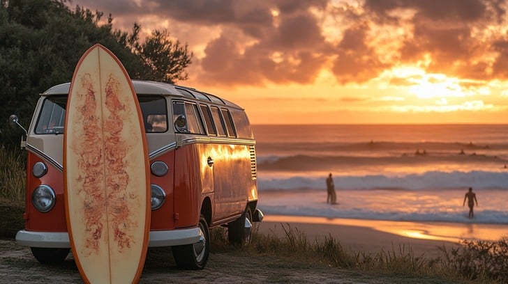 Free Sunset Surfing Adventure Image - Sunset, Beach, Volkswagen