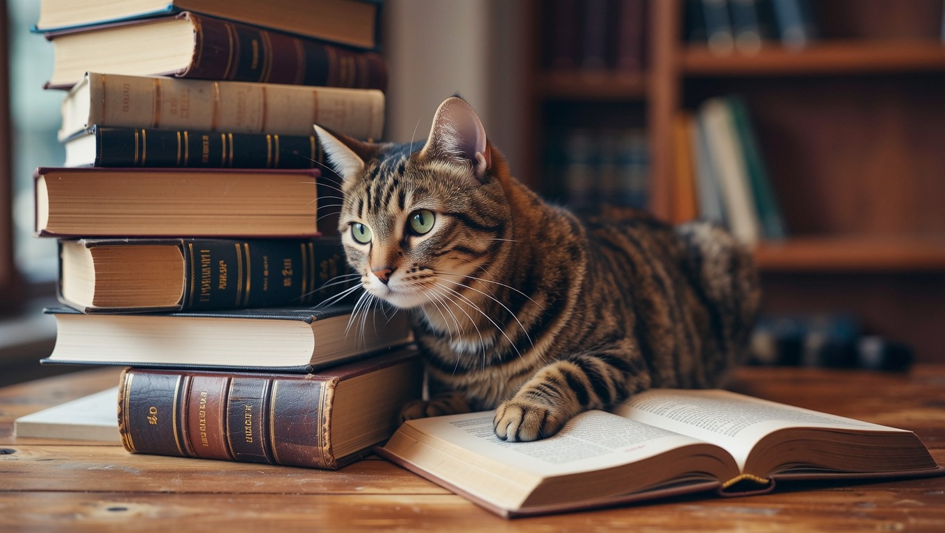 Free Scholarly Cat Reads Image - Cat, Tabby, Library | Download at ...