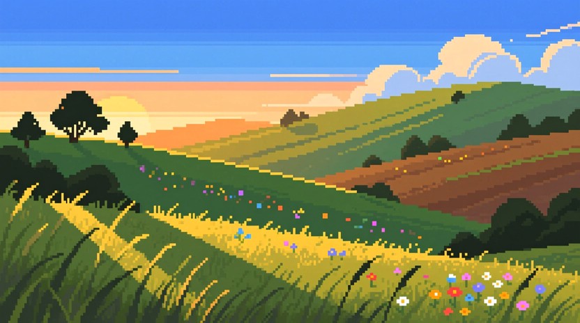 Free Pixelated Golden Countryside Image - Pixelart, Sunset, Hills ...