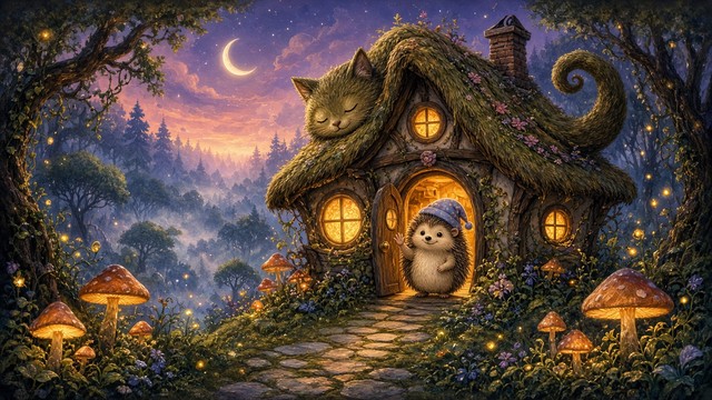 A dreamy fairytale illustration shows a crooked little cottage hidden ...