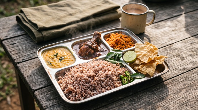 Red rice, yellow dhal, dark chicken curry, orange sambol and a crisp ...