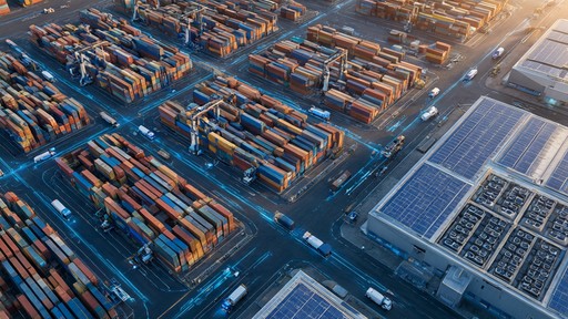 Colorful shipping containers stacked in neat rows beside solar-panel ...