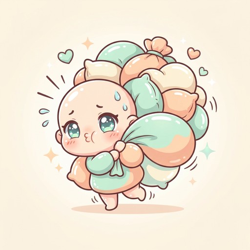 Cute chibi character with big teal eyes and puffed cheeks struggles to ...