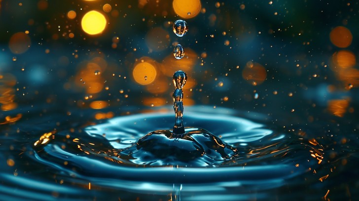 A single water droplet falls gracefully, creating ripples against a ...