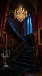 Medium Goth A glowing crystal chandelier hangs above a dark spiral staircase, with ...