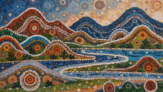 Panoramic composition showcasing Aboriginal-inspired dot painting ...