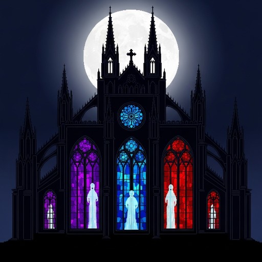 Gothic spires reach toward a glowing moon while jewel-toned windows ...