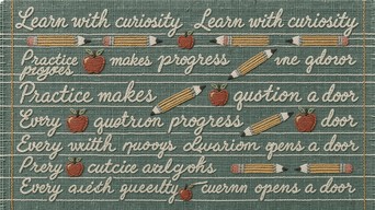 Cream cursive writing, red apples, and yellow pencils are stitched ...