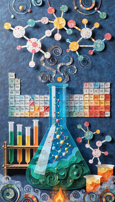 Three-dimensional paper collage depicting vibrant chemistry lab scene ...