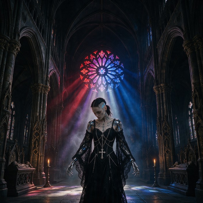 A pale goth cyborg woman stands in a huge dark cathedral as red and ...
