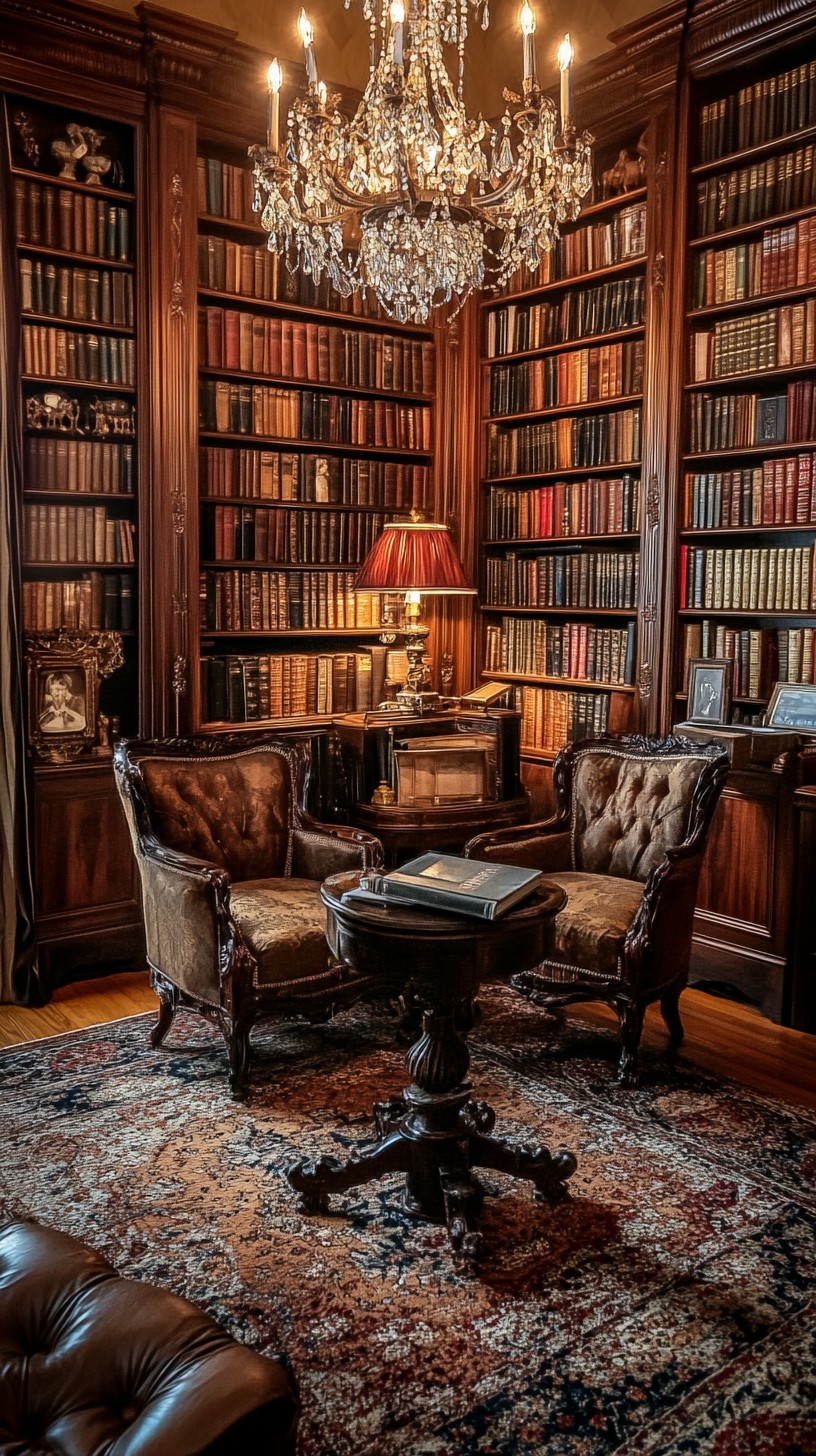 Free Elegant Library Interior Image - Library, Books, Chandelier ...