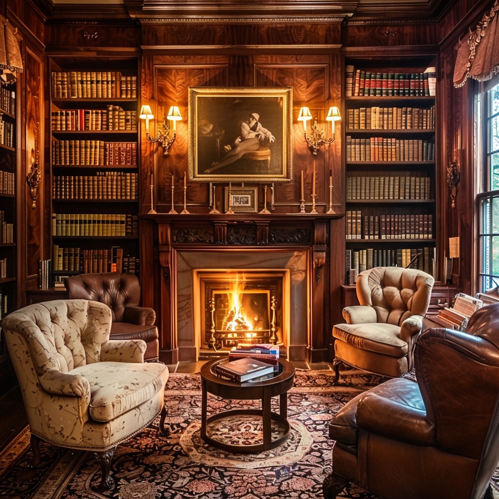 Free Cozy Library Fireplace Image - Library, Fireplace, Armchair ...
