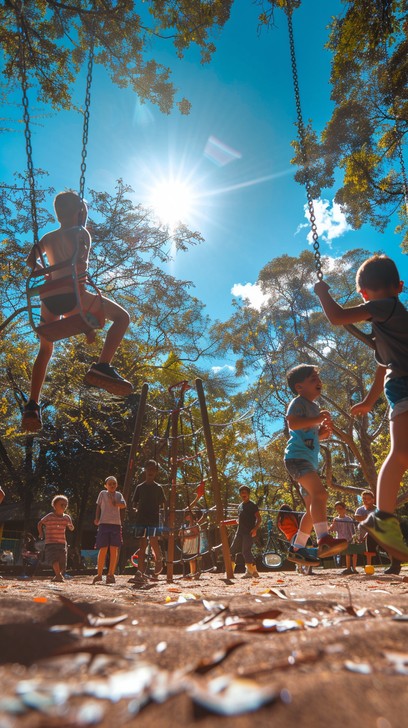 Children enjoy a sunny day at the playground, gleefully swinging under ...