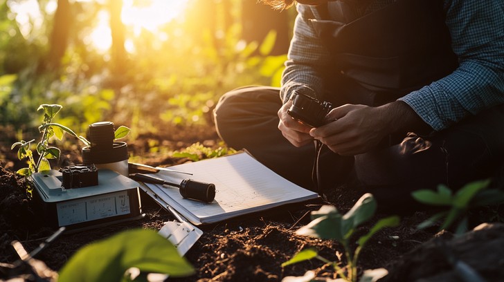 Gardener carefully examining soil and seedlings
