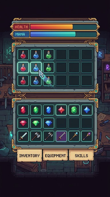 Fantasy pixel art inventory menu with colorful potions, shiny gems and ...