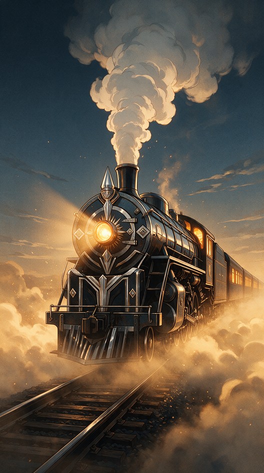 Powerful steam locomotive emerges from golden mist at twilight ...