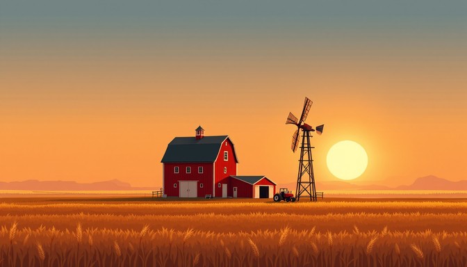 Free Pixel Farm Sunset Image - Farm, Barn, Windmill | Download at StockCake
