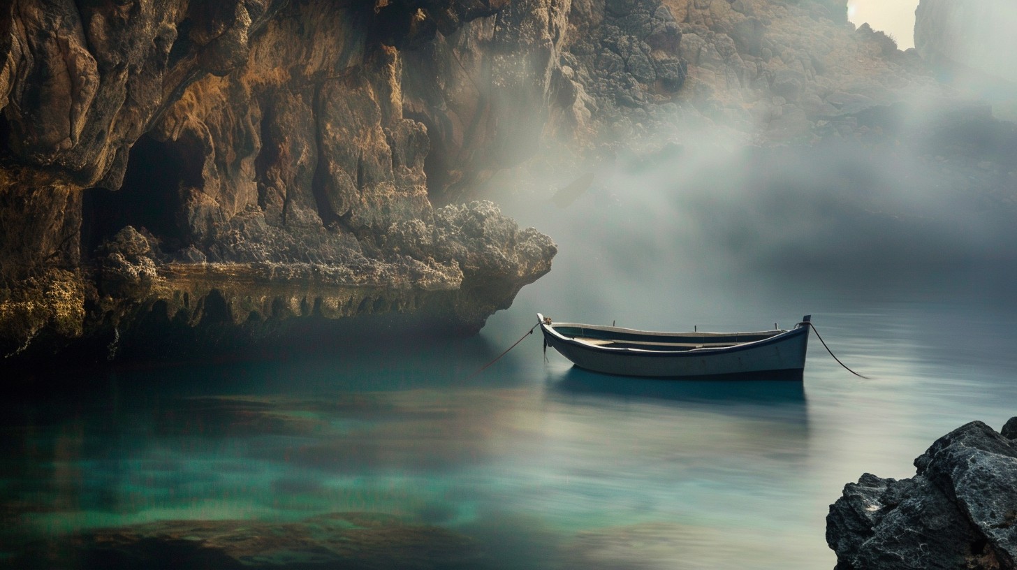 Free Serene Boat Scene Image - Boat, Mist, Cliffs | Download at StockCake