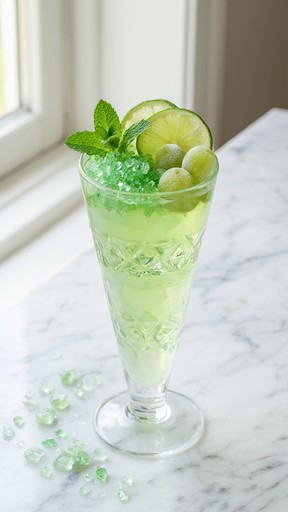 A tall glass of pale green kiwi and lime gelée topped with sparkly ...