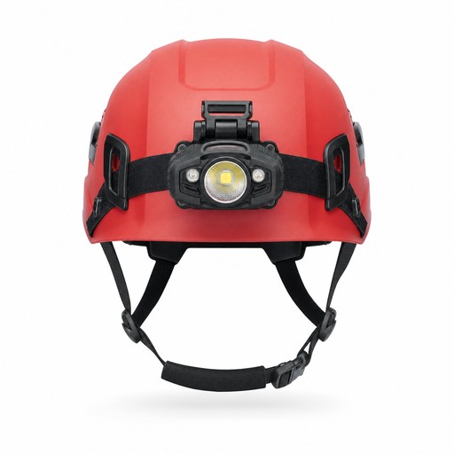 Hal Met Light Bright red caving helmet with a black LED headlamp strapped to the ...
